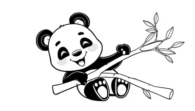 Un simpático panda bebé de placa de color blanco y negro se balancea en una rama de árbol con hojas pequeñas, sacando la lengua.