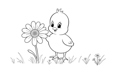 Un pollito feliz sosteniendo una flor en una placa de color.