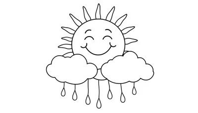 Placa de color de un sol sonriente con nubes y gotas de lluvia.