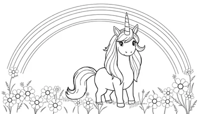 Placa de color de un unicornio amigable bajo un arcoíris.