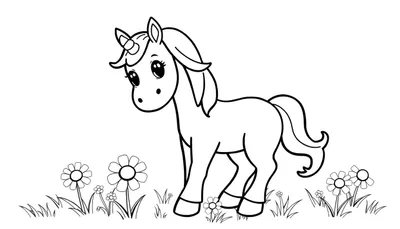 Placa de color de un unicornio en un prado floral.