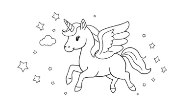Un unicornio alado para colorear, una placa de color, galopando entre estrellas y nubes.