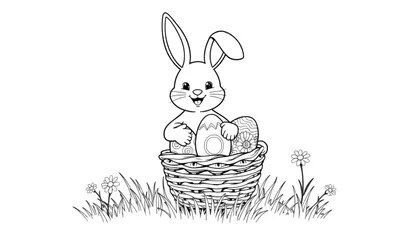 Placa de color para colorear: conejito de Pascua con cesta de huevos.