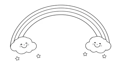 Una placa de color de un arcoíris sonriente con nubes y estrellas, lista para colorear.