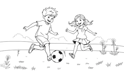 Niño y niña jugando al fútbol, una placa de color para colorear.
