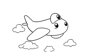 Un avión de dibujos animados amigable volando entre nubes en una placa de color para colorear.
