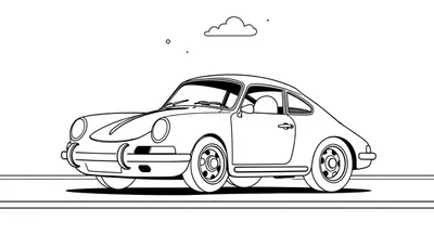 Un adorable Porsche clásico para colorear, visto de lado, con una línea de contorno negra sobre un fondo blanco, listo para añadirle color.