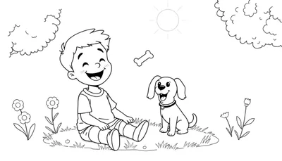 Una placa de color de un niño feliz jugando con su perrito en el parque.