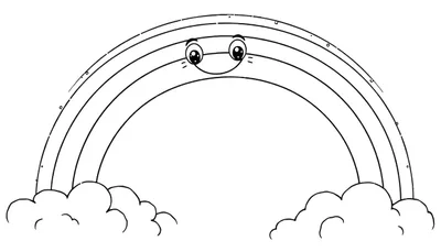 Placa de color de un arcoíris sonriente con nubes.
