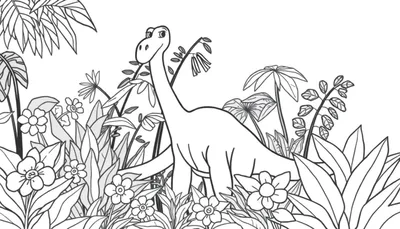 Un dibujo para colorear de un amigable Braquiosaurio en una selva exuberante, listo para ser coloreado.