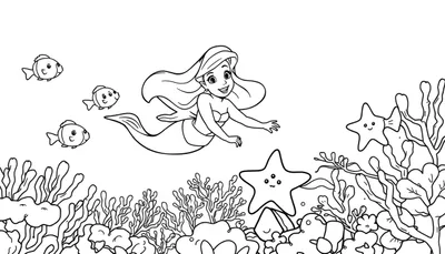 Una página para colorear de una sirena sonriendo mientras nada con peces y estrellas de mar en el océano. Es un dibujo lineal en blanco y negro, ideal para una placa de color.