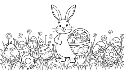 Placa de color de un conejito de Pascua con huevos decorados y flores.