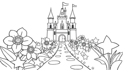 Una placa de color para colorear de un castillo de fantasía con flores y estrellas.