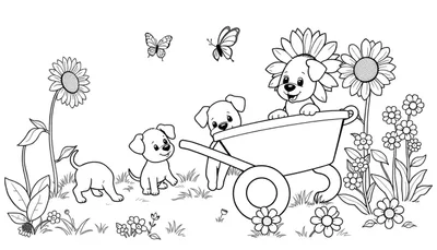 Un dibujo lineal de cachorros y flores.