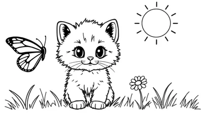 Placa de color de un gatito adorable jugando con una mariposa bajo un sol sonriente.