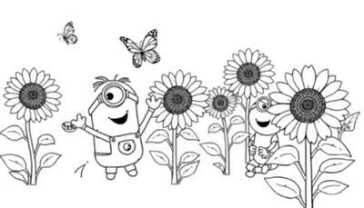 Placa de color de Minions jugando en un campo de girasoles con una rana.