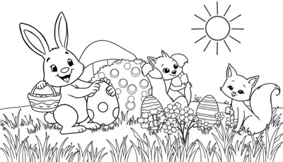 Placa de color: Un conejo de Pascua con amigos pintando huevos en un prado.