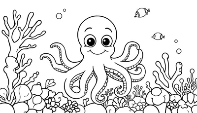 Un pulpo sonriente y amigable listo para colorear en una placa de color submarina.