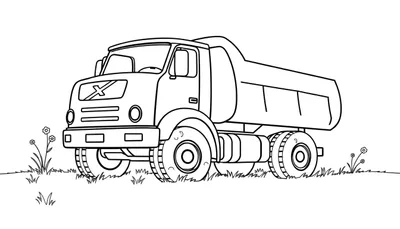 Un camión volquete de dibujos animados en blanco y negro, listo para ser coloreado, con la palabra 'placa de color' impresa.