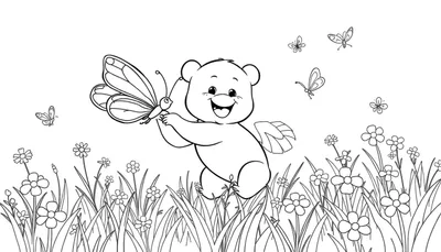 Placa de color de un osito de peluche feliz jugando con mariposas en un prado.