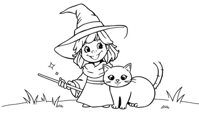Una niña disfrazada de bruja sonriente con un sombrero puntiagudo y varita mágica junto a un gato gordo. Imagen para colorear con placa de color.