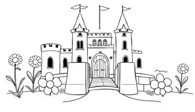 Una placa de color de un castillo de cuento de hadas para colorear, con torres y un puente levadizo.
