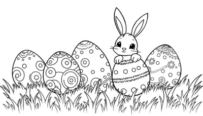 Placa de color de un conejo de Pascua sentado entre huevos decorados.