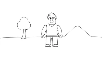 Placa de color de un personaje de Roblox amigable en un paisaje lineal.