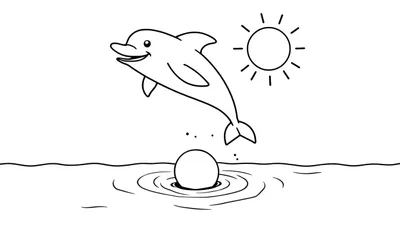 Placa de color de un delfín sonriente saltando sobre una pelota en el agua bajo el sol.