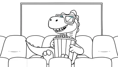 Una placa de color en blanco y negro de un dinosaurio sonriente con gafas 3D sosteniendo palomitas de maíz en el cine.