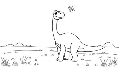 Placa de color de un Diplodocus amigable con una mariposa volando cerca, en un campo con hierba y colinas bajas de fondo.