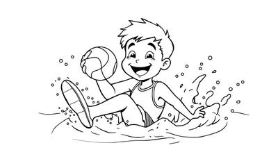 Placa de color de un niño feliz jugando con una pelota en el agua.