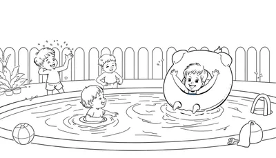 Placa de color: niños divirtiéndose en una piscina.