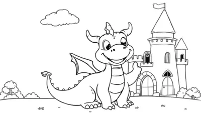 Un dibujo lineal en blanco y negro de un dragón amigable sonriendo y levantando el pulgar frente a un castillo de ensueño, para colorear.