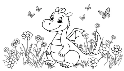 Un dragón amigable en una placa de color rodeado de flores y mariposas.