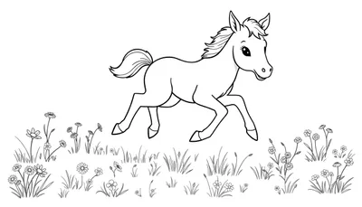 Placa de color: un caballito juguetón correteando entre flores.