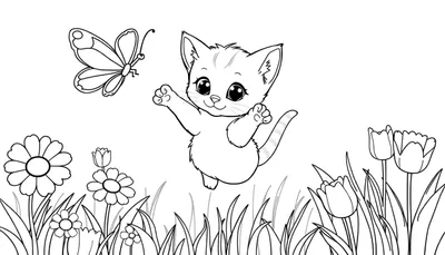 Placa de color con un gatito persiguiendo una mariposa entre flores.
