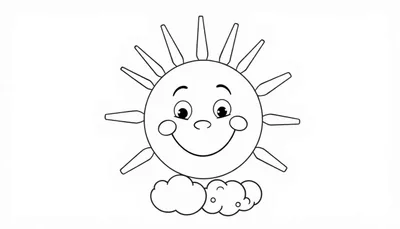 Una placa de color para colorear de un sol sonriente con rayos y nubes.
