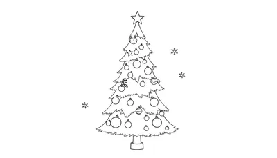 Placa de color de un árbol de Navidad en blanco y negro para colorear, con adornos y una estrella.