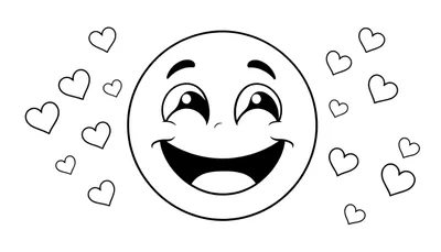 Placa de color de un emoji feliz con muchos corazones.