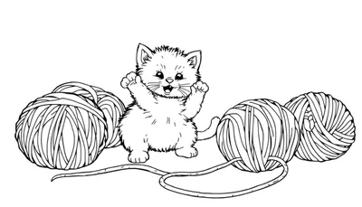 Un gato de dibujos animados en blanco y negro, feliz y levantando las patas, rodeado de bolas de hilo para colorear en una placa de color.