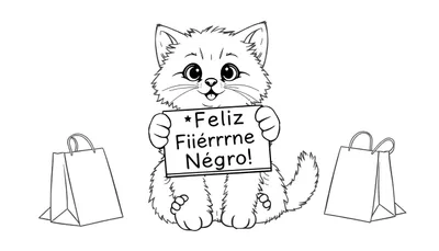 Placa de color de un gatito lindo sentado entre bolsas de compras con un letrero de Viernes Negro.
