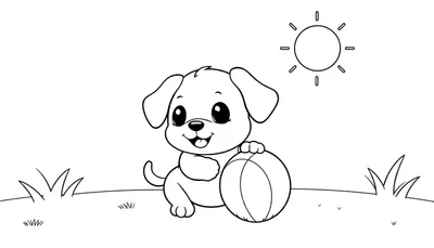 Placa de color de un cachorro sentado junto a una pelota con un sol sonriente en el cielo.