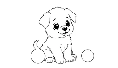 Placa de color de un cachorro sentado con dos círculos vacíos a cada lado.