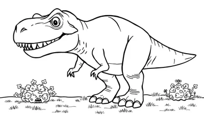 Placa de color de un T-Rex amigable sonriendo con pequeños amigos.