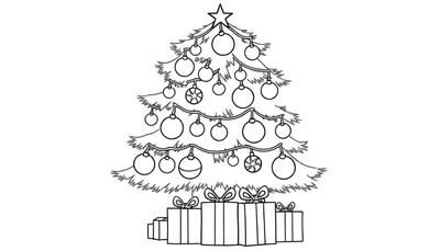 Placa de color de un árbol de Navidad caricaturesco en blanco y negro decorado con adornos y regalos.