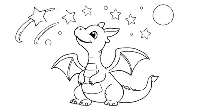 Placa de color de un adorable dragón de dibujos animados con alas extendidas en un cielo estrellado con una luna y estrellas.