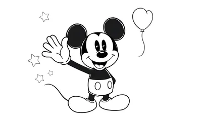 Mickey Mouse sonriendo y saludando con su guante, cerca de estrellas y un globo en forma de corazón, listo para colorear en blanco y negro en una placa de color.