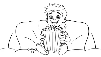 Placa de color de un niño feliz sentado en un sillón con un gran balde de palomitas de maíz.