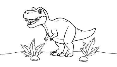 Un dibujo lineal de un Tiranosaurio Rex amigable para colorear, listo para la diversión prehistórica.